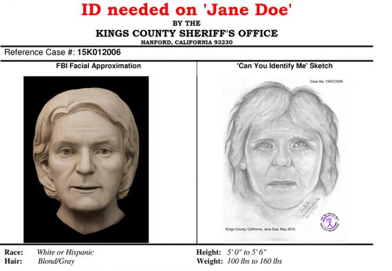 A 2015 image of Jane Doe and a 2017 FBI created three-dimensional image of a woman found deceased near Corcoran in 2015.